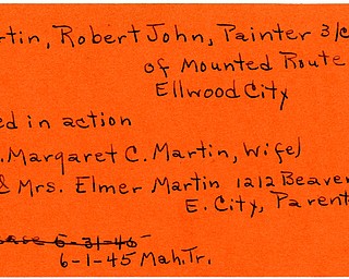 World War II, Vindicator, Robert John Martin, Ellwood City, killed, Mrs. Margaret C. Martin, Mr. & Mrs. Elmer Martin, 1945, Mahoning, Trumbull