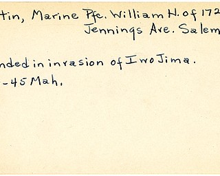 World War II, Vindicator, William H. Martin, Marine Pfc., Salem, wounded, Iwo Jima, 1945, Mahoning