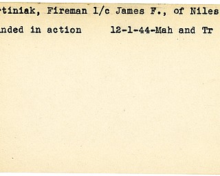 World War II, Vindicator, James F. Martiniak, Fireman, Niles, wounded, 1944, Mahoning, Trumbull