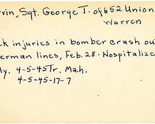 World War II, Vindicator, George T. Marvin, Warren, back injuries, wounded, bomber crash, German lines, hospitalized, Italy, 1945, Mahoning, Trumbull
