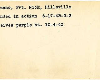 World War II, Vindicator, Nick Marzano, Pvt., Hillsville, wounded, Purple Heart, 1943