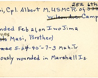 World War II, Vindicator, Albert M. Masi, Campbell, wounded, Iwo Jima, Marshall Island, 1945, Mahoning, Trumbull, James Masi