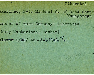 World War II, Vindicator, Michael G. Maskarinec, Youngstown, prisoner, Germany, liberated, 1945, Mahoning, Trumbull, Mrs. Mary Maskarinec