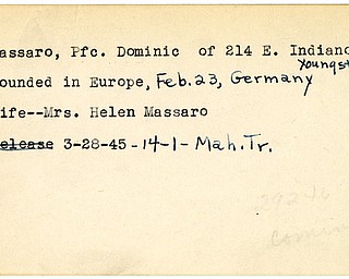 World War II, Vindicator, Dominic Massaro, Youngstown, wounded, Europe, Germany, 1945, Mahoning, Trumbull, Mrs. Helen Massaro