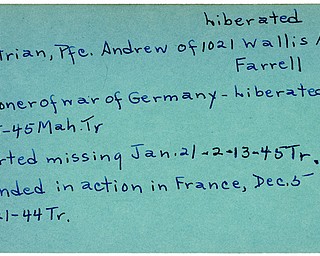 World War II, Vindicator, Andrew Mastrian, Farrell, wounded, France, 1944, missing, prisoner, Germany, liberated, 1945, Mahoning, Trumbull
