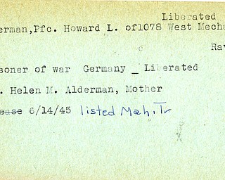World War II, Vindicator, Howard L. Alderman, Ravenna, prisoner, Germany, Helen M. Alderman, liberated, 1945, Mahoning, Trumbull