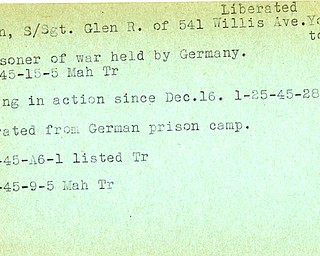 World War II, Vindicator, Glen R. Allen, Youngstown, prisoner, Germany, 1945, missing, liberated, Mahoning, Trumbull