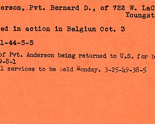 World War II, Vindicator, Bernard D. Anderson, killed, Belgium, 1944, 1949, Youngstown