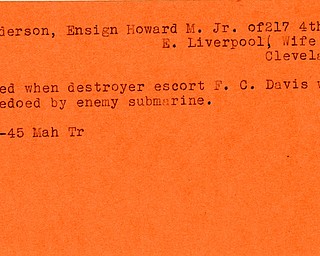 World War II, Vindicator, Howard M. Anderson Jr, Ensign, East Liverpool, died, destroyer escort, F. C. Davis, 1945, Mahoning, Trumbull