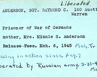 World War II, Vindicator, Raymond C. Anderson, Warren, prisoner, Germany, Minnie S. Anderson, missing, liberated, 1945, Mahoning, Trumbull