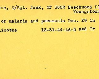 World War II, Vindicator, Jack Andrews, Youngstown, died, malaria, pneumonia, 1944, Trumbull