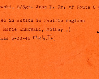 World War II, Vindicator, John P. Ankowski Jr, Cortland, killed, Pacific, Marie Ankowski, 1945, Mahoning, Trumbull