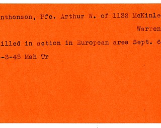 World War II, Vindicator, Arthur W. Anthonson, Warren, killed, Europe, 1945, Mahoning, Trumbull