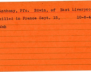 World War II, Vindicator, Edwin Anthony, East Liverpool, killed, France, 1944, Mahoning