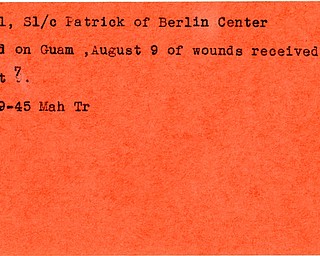 World War II, Vindicator, Patrick Arnal, Berlin Center, died, killed, Guam, 1945, Mahoning, Trumbull