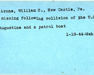 World War II, Vindicator, William C. Arone, New Castle, missing, U.S.S Augustine, 1944, Mahoning