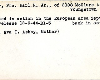 World War II, Vindicator, Earl R. Ashby Jr, Youngstown, wounded, Europe, Eva I. Ashby, 1944