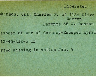 World War II, Vindicator, Charles F. Atkinson, Warren, prisoner, Germany, escaped, 1945, missing, Trumbull, liberated