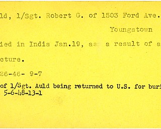 World War II, Vindicator, Robert G. Auld, Youngstown, died, India, injured, 1946, 1948