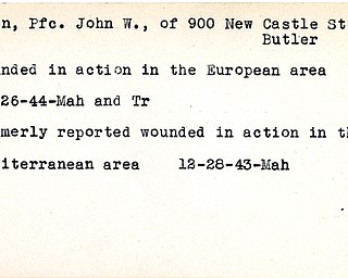 World War II, Vindicator, John W. Bain, Butler, wounded, Europe, 1944, Mahoning, Trumbull, Mediterranean, 1943