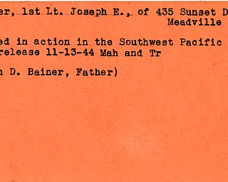World War II, Vindicator, Joseph E. Bainer, Meadville, killed, Pacific, 1944, John D. Bainer, Mahoning, Trumbull