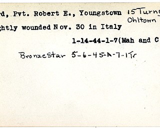 World War II, Vindicator, Robert E. Baird, Youngstown, wounded, Italy, 1944, Mahoning, City, Bronze star, 1945, Trumbull