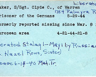 World War II, Vindicator, Clyde C. Baker, Warren, prisoner, Germany, missing, Europe, 1944, liberated, Hazel Rowe, 1945, Mahoning, Trumbull