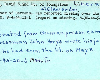 World War II, Vindicator: David S. Baker, Youngstown, prisoner, Germany, missing, Italy, 1944, liberated, 1945, Mahoning, Trumbull