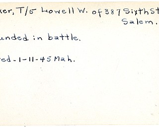 World War II, Vindicator, Lowell W. Baker, Salem, wounded, 1945, Mahoning