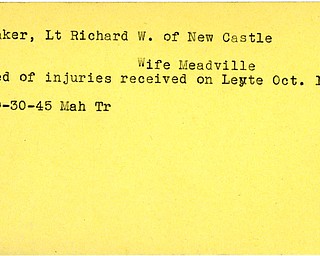 World War II, Vindicator, Richard W. Baker, New Castle, killed, wounded, Leyte, 1945, Mahoning, Trumbull