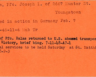 World War II, Vindicator, Joseph L. Balas, Youngstown, killed, Germany, 1945, Mahoning, Trumbull, 1948