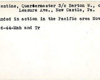World War II, Vindicator, Barton W. Balentine, New Castle, Quartermaster, wounded, Pacific, 1944, Mahoning, Trumbull