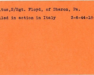 World War II, Vindicator, Floyd Baltus, Sharon, killed, Italy, 1944