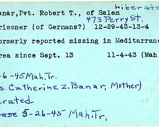 World War II, Vindicator, Robert T. Banar, Salem, prisoner, 1943, missing, Mediterranean, Mahoning, 1945, liberated, Catherine Z. Banar, Trumbull