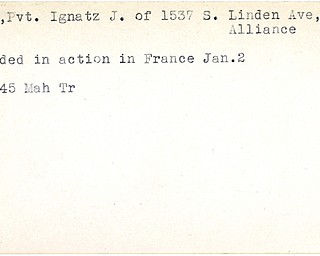 World War II, Vindicator, Ignatz J. Bara, Alliance, wounded, France, 1945, Mahoning, Trumbull