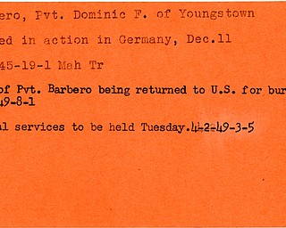 World War II, Vindicator, Dominic F. Barbero, Youngstown, killed, Germany, 1945, Mahoning, Trumbull, 1949