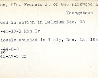 World War II, Vindicator, Francis J. Bardon, Youngstown, wounded, Belgium, 1945, Mahoning, Trumbull, Italy, 1943, 1944