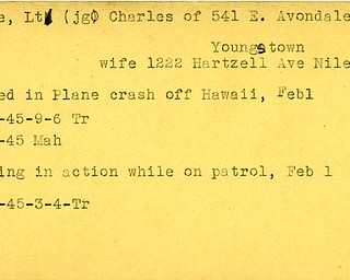 World War II, Vindicator, Charles Bare, Youngstown, Niles, killed, plane crash, Hawaii, missing, 1945, Mahoning, Trumbull