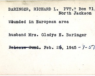 World War II, Vindicator, Richard L. Baringer, North Jackson, wounded, Europe, Gladys E. Baringer, 1945, Mahoning, Trumbull