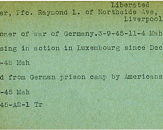 World War II, Vindicator, Raymond L. Barker, East Liverpool, prisoner, Germany, 1945, Mahoning, missing, Luxembourg, liberated, Trumbull