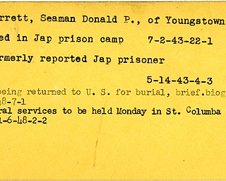 World War II, Vindicator, Donald P. Barrett, Youngstown, Seaman, prisoner, Japanese, killed, 1943, 1948, died