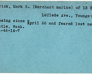 World War II, Vindicator, Mark S. Barrick, Merchant marine, Youngstown, missing, Seattle, 1946