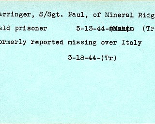 World War II, Vindicator, Paul Barringer, Mineral Ridge, prisoner, 1944, Trumbull, missing, Italy