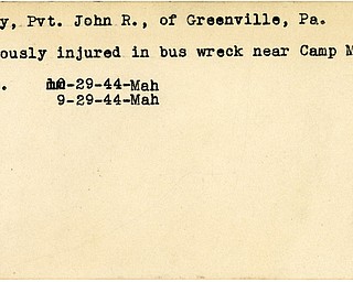 World War II, Vindicator, John R. Barry, Greenville, wounded, bus wreck, Camp Murphy, 1944, Mahoning