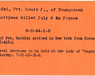 World War II, Vindicator, Louis J. Bartfai, Youngstown, infantryman, killed, France, 1944, 1948