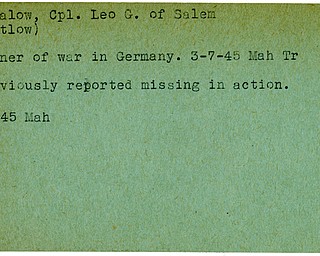 World War II, Vindicator, Leo G. Barthalow, Barhtlow, Salem, prisoner, Germany, 1945, Mahoning, Trumbull, missing