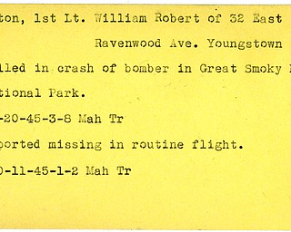 World War II, Vindicator, William Robert Barton, Youngstown, killed, crash, bomber, Great Smoky Mountain National Park, 1945, missing, Mahoning, Trumbull