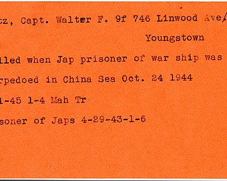 World War II, Vindicator, Walter F. Bartz, Youngstown, killed, prisoner, Japanese, China, war ship, 1943, 1944, 1945, Mahoning, Trumbull