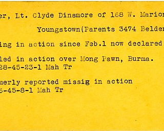 World War II, Vindicator, Clyde Dinsmore Bauer, Youngstown, missing, killed, Burma, Mahoning, Trumbull, 1945