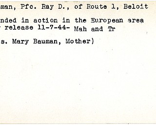 World War II, Vindicator, Ray D. Bauman, Beloit, wounded, Europe, 1944, Mahoning, Trumbull, Mary Bauman